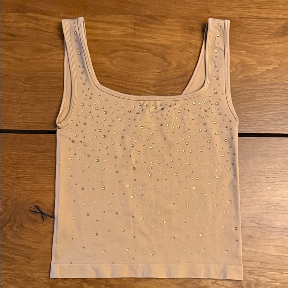 Beige Studded Tank Top with Rhinestones